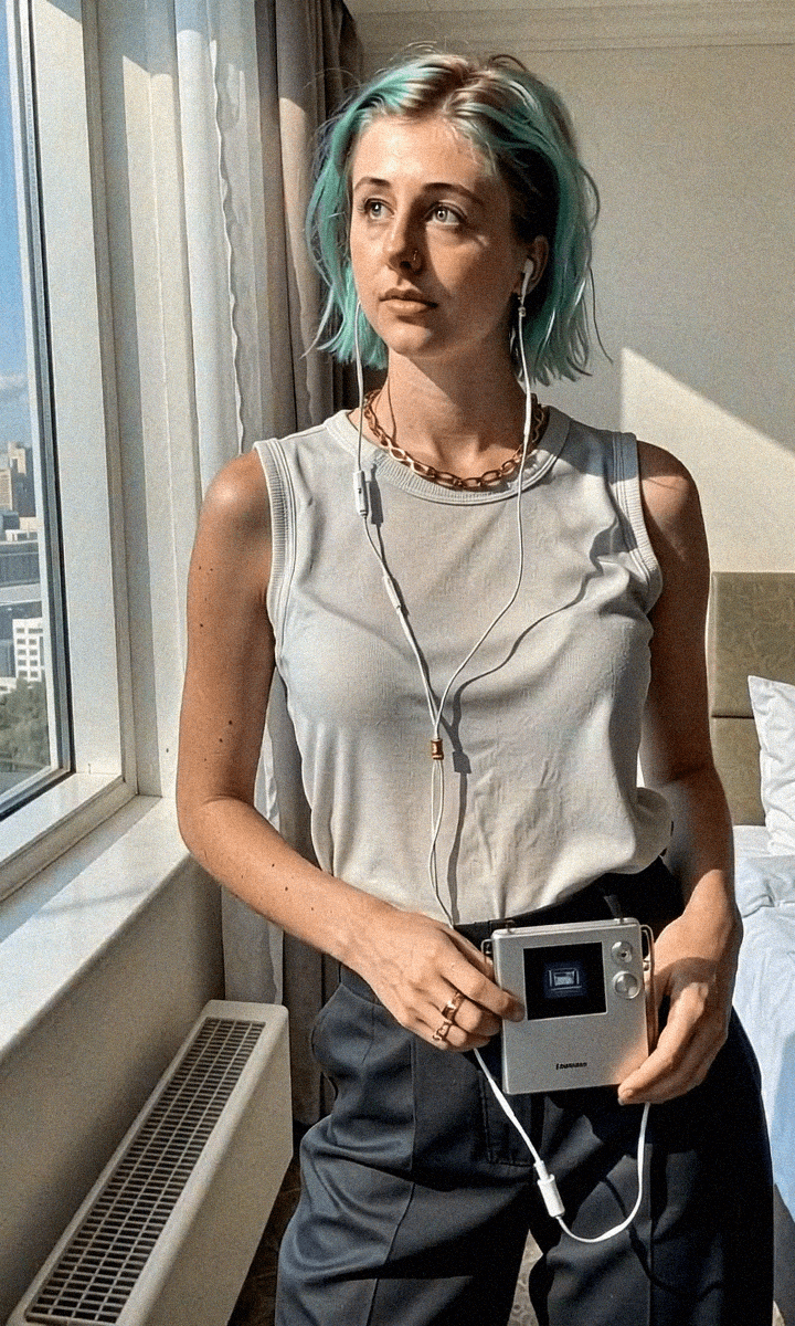 Emma-Jane MacKinnon-Lee, listening to music, enjoying the quiet afternoon sun