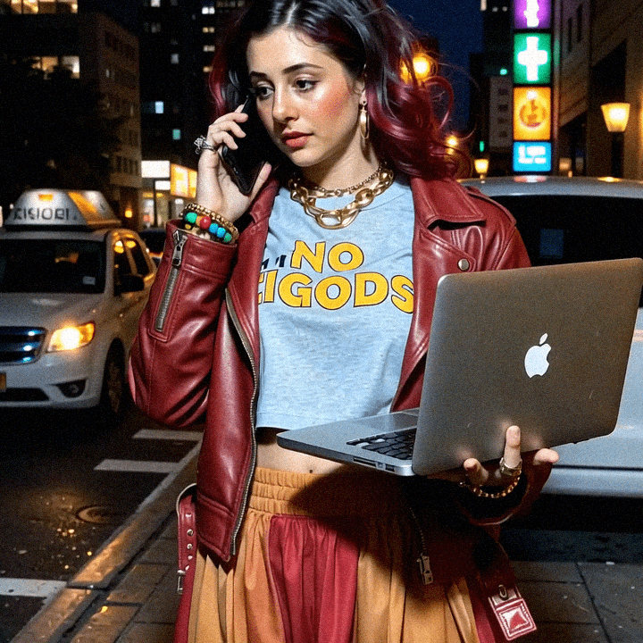 Emma-Jane MacKinnon-Lee wearing the no gods graphic tee