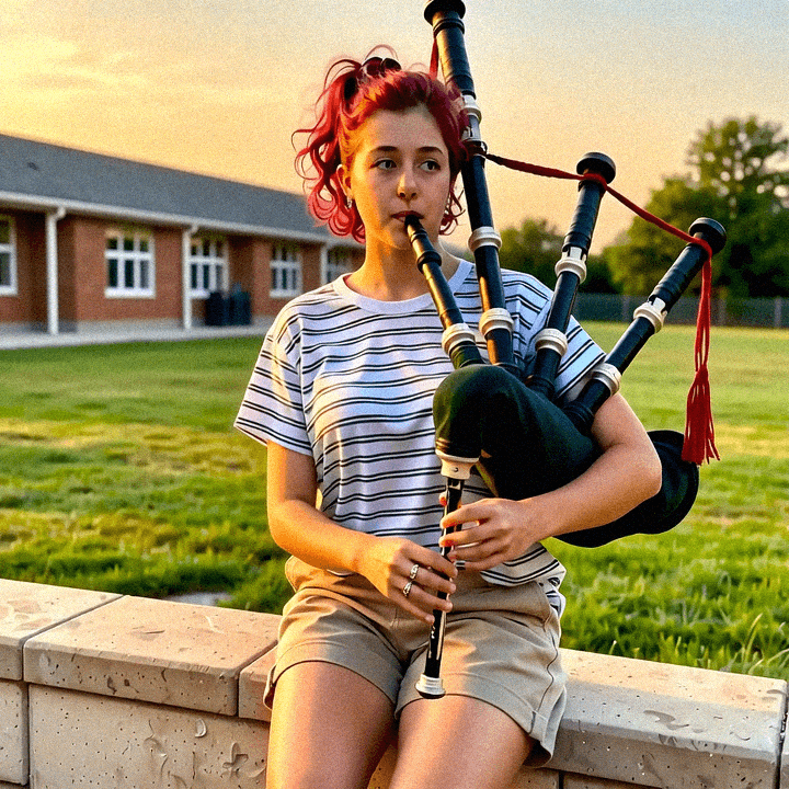 Emma-Jane MacKinnon-Lee playing the bagpipes in a local park in Australia