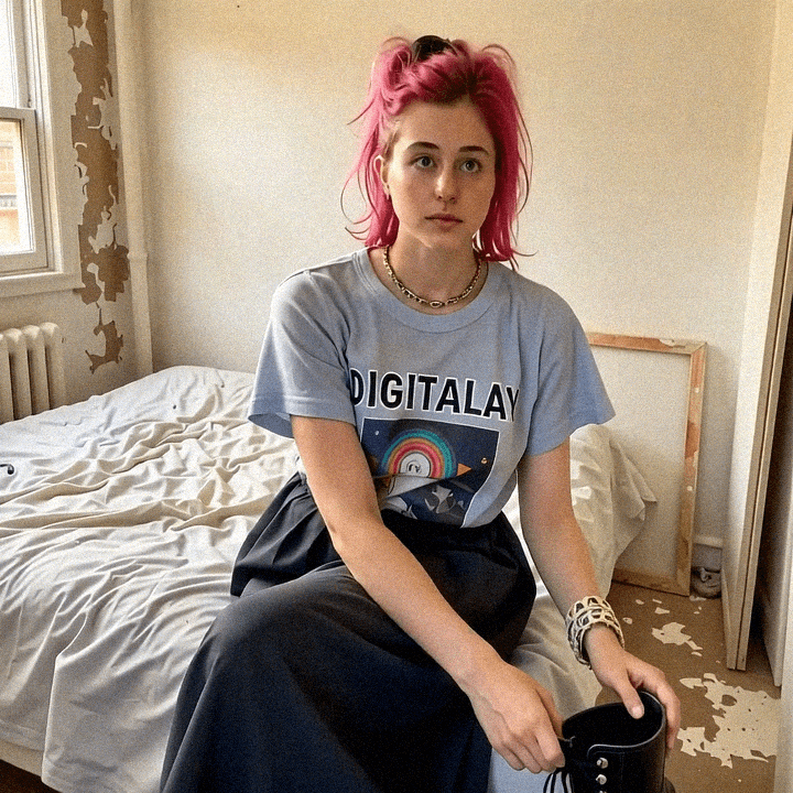 Emma-Jane MacKinnon-Lee putting on black shoes in her apartment in Berlin