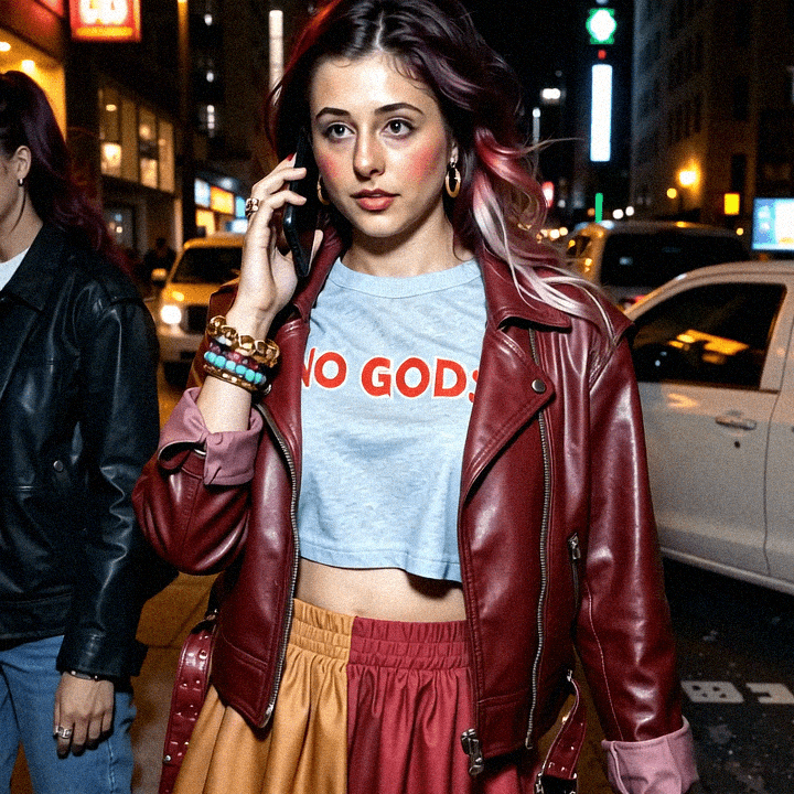 Emma-Jane MacKinnon-Lee wearing the no gods graphic tee in queens, china town one night